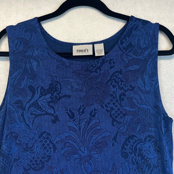 CHICO'S TRAVELERS Top Women's Size 2 Large Royal Blue Floral Jacquard Sleeveless - Picture 2 of 11